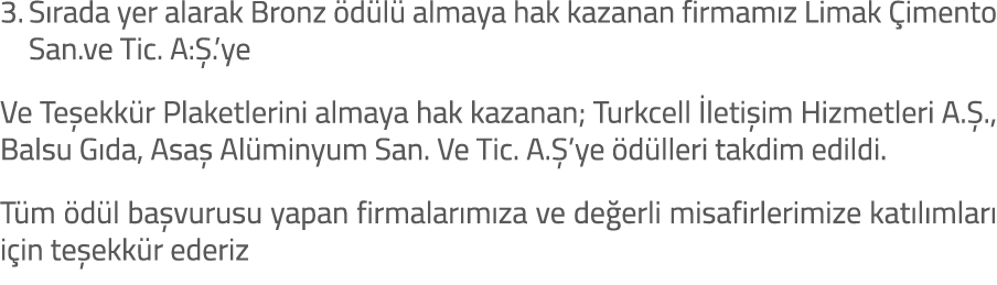 3. S rada yer alarak Bronz d l  almaya hak kazanan firmam z Limak  imento San.ve Tic. A: .’ye Ve Te ekk r Plaketleri...