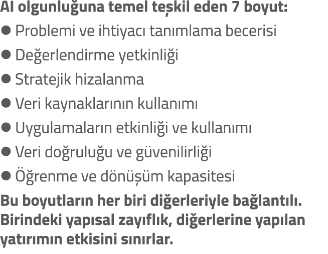 AI olgunlu una temel te kil eden 7 boyut: l Problemi ve ihtiyac tan mlama becerisi l De erlendirme yetkinli i l Stra...