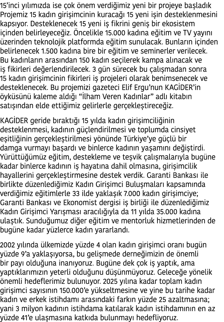 15 inci y l m zda ise  ok  nem verdi imiz yeni bir projeye ba lad k Projemiz 15 kad n giri imcinin kuraca   15 yeni i   