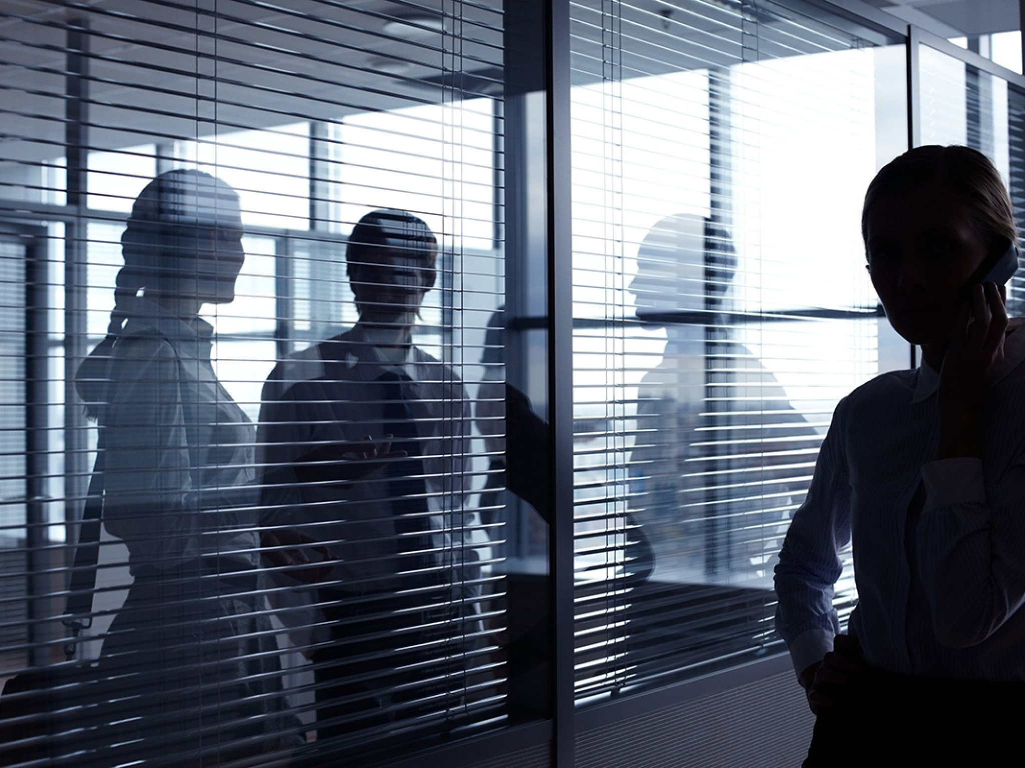 Unrecognizable business people communicating behind glass wall with blinds