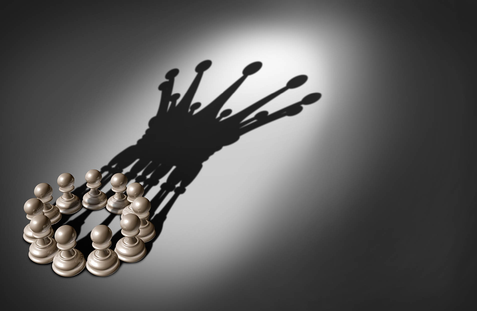 Business concept Leadership team and group concept as an organized company of chess pawn pieces joining forces and working together united and as one in agreement to cast a shadow shaped as a king crown 3D render. 
