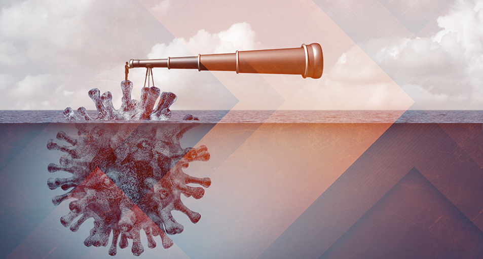 Vaccine search and searching for a cure as a researcher or businessman looking for a therapy for a virus as coronavirus or covid-19 contagion or flu and influenza vaccination with 3D illustration elements 