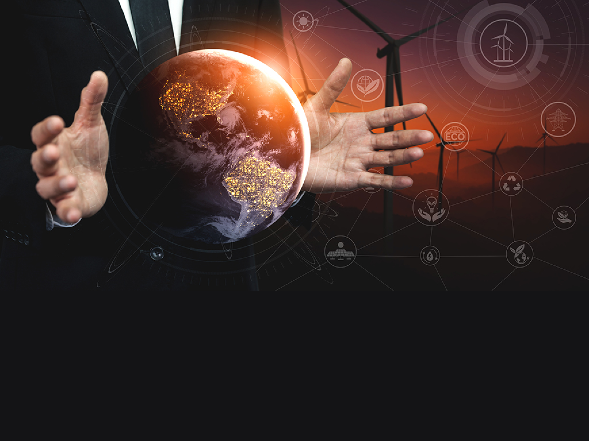 Concept of sustainability development by alternative energy. Man hand take care of planet earth with environmentally friendly wind turbine farm and green renewable energy in background.