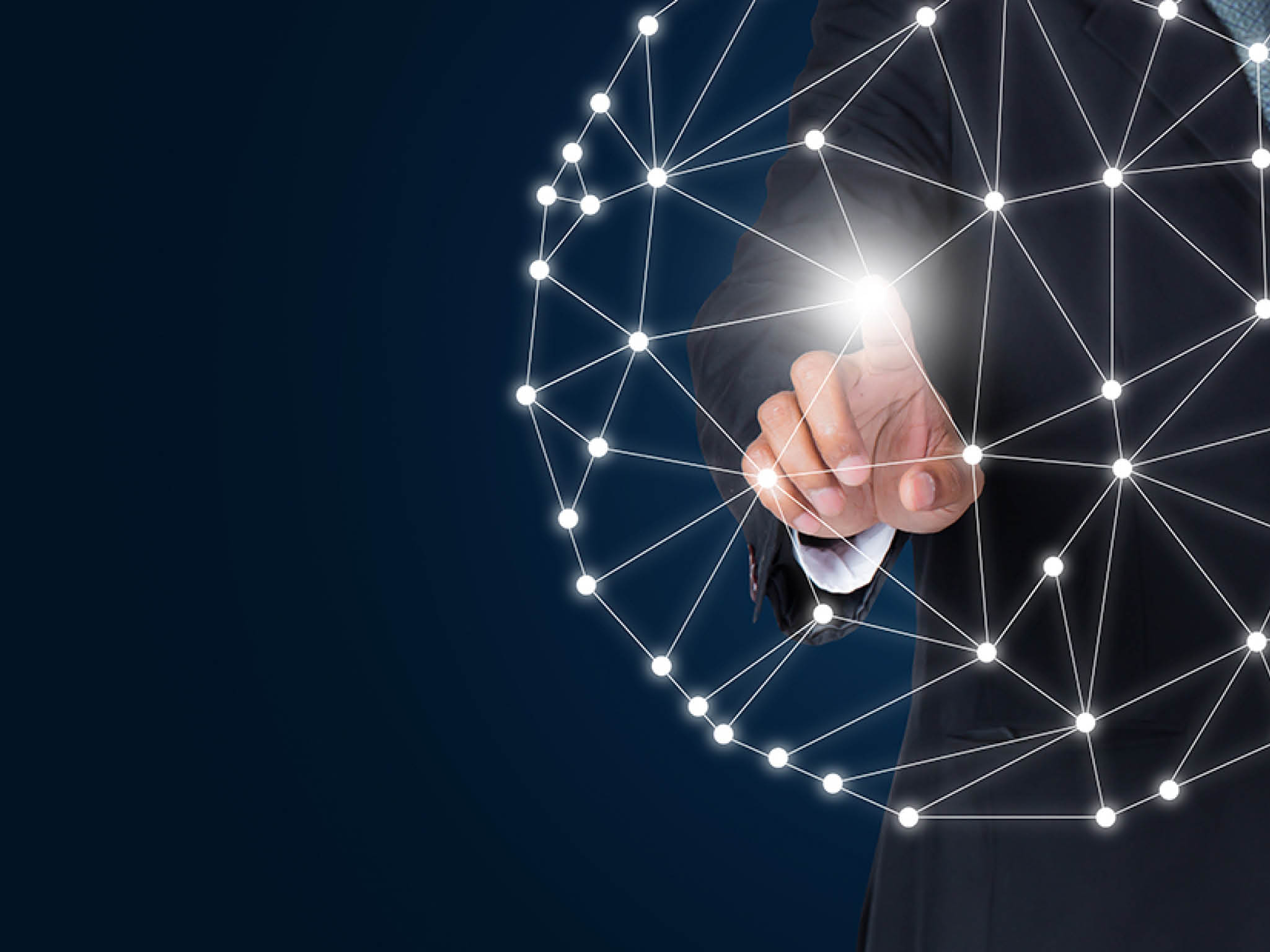 Businessman touching global network and connection data exchanges using digital tactile world interface with finger 