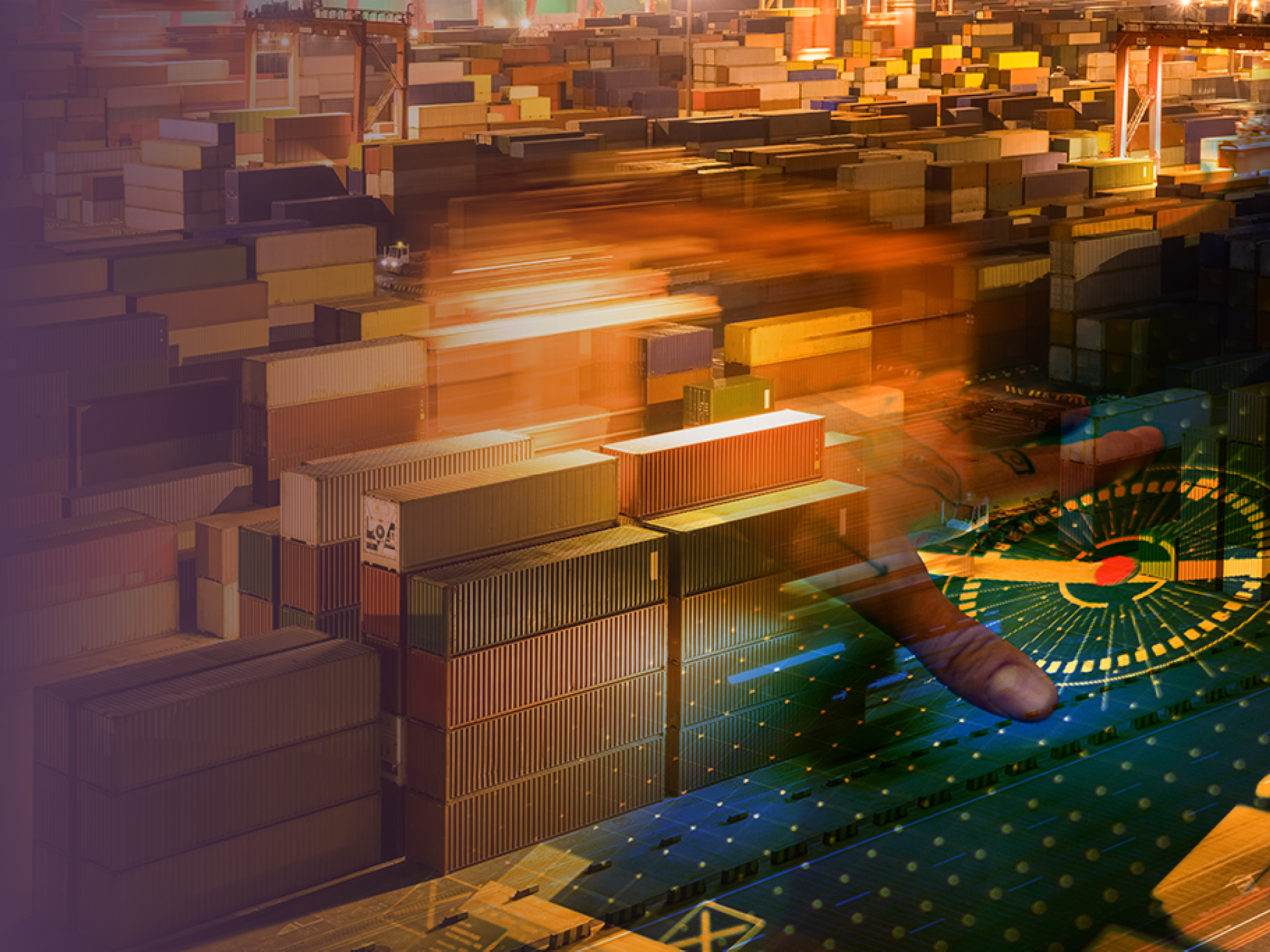 shipping container stack yard at night, light trails of industrial crane motion blur