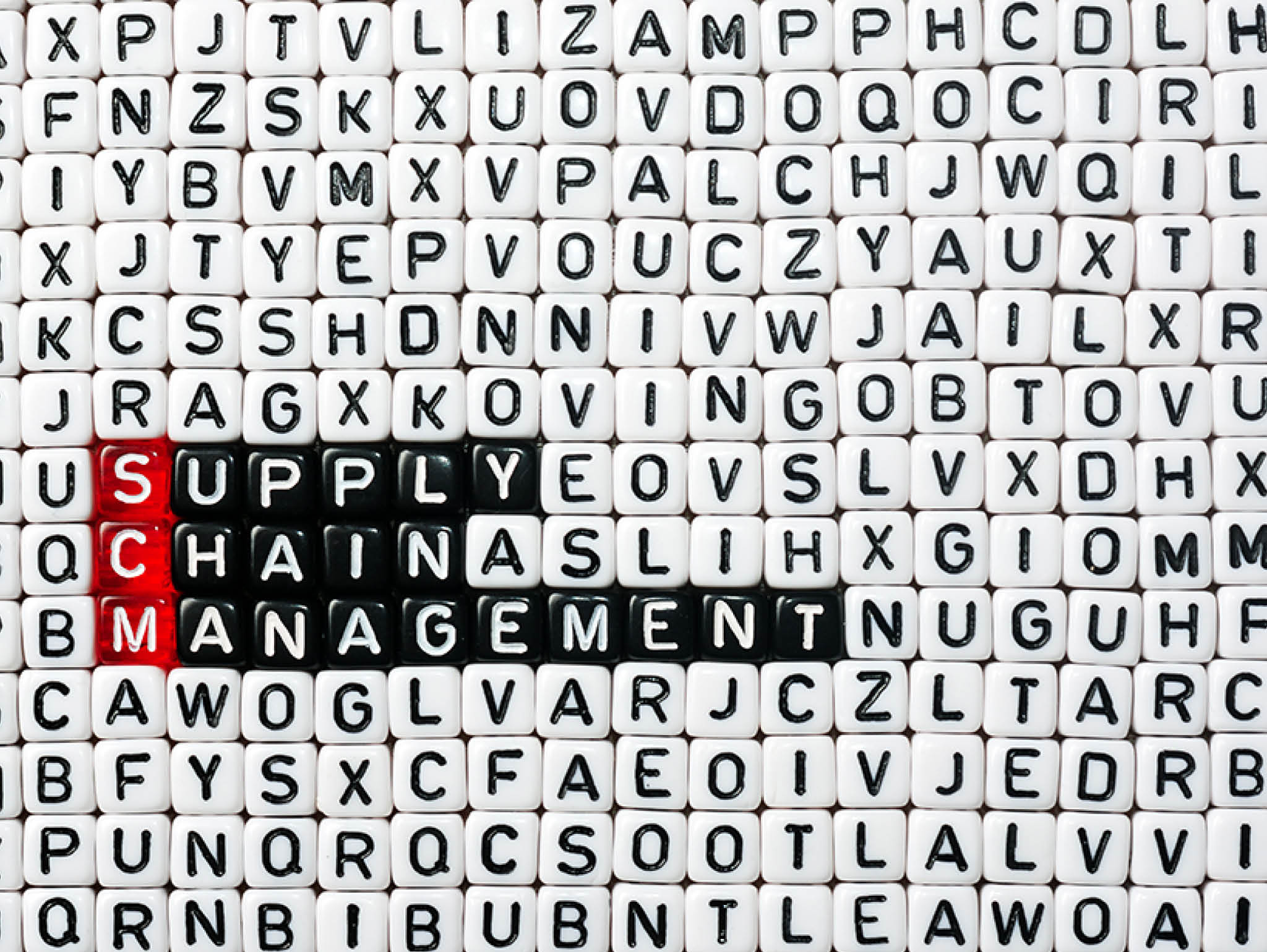 SCM Supply Chain Management written on black and white  dices 