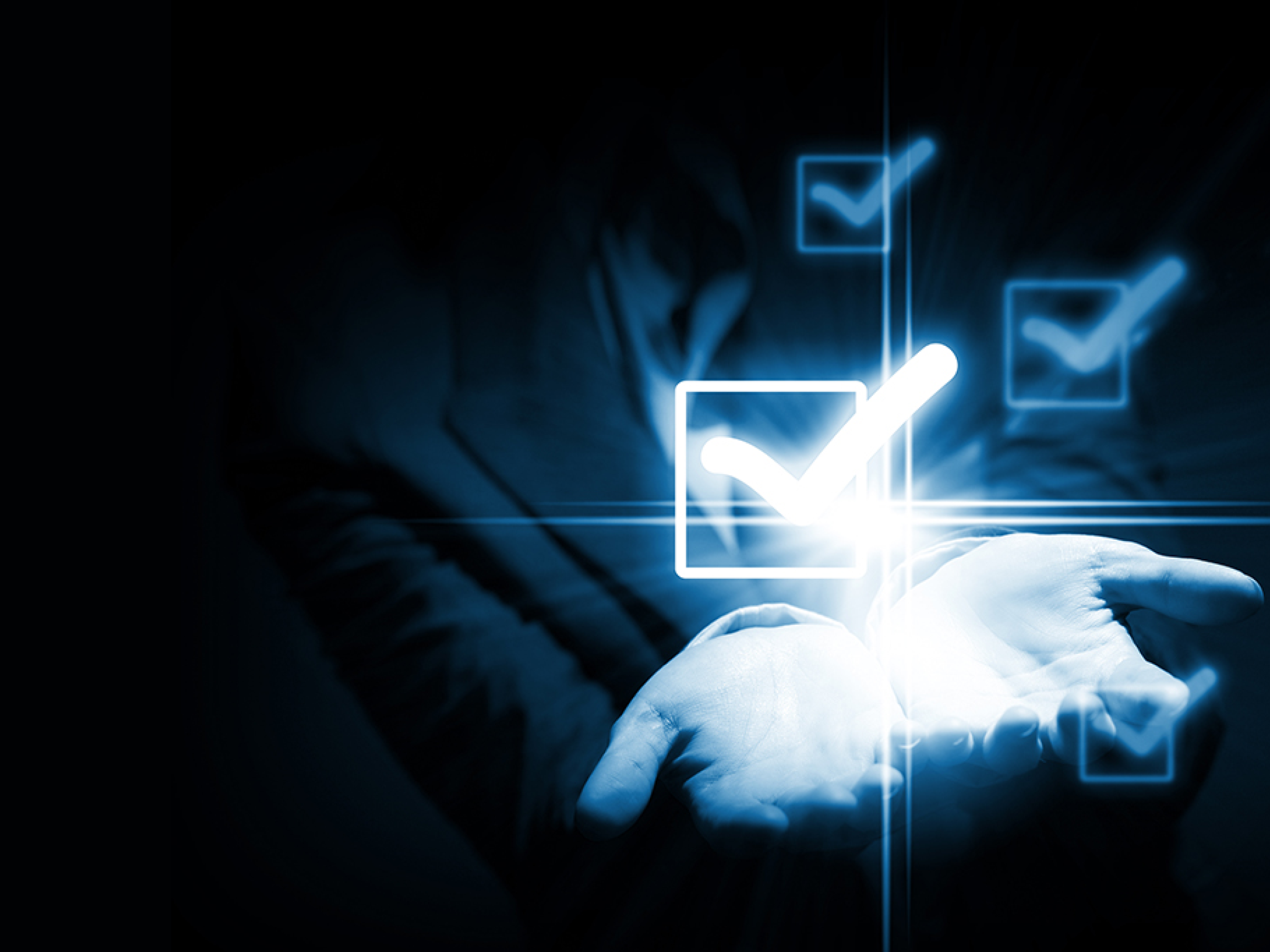 Close up businessman touching ticking icon of media screen