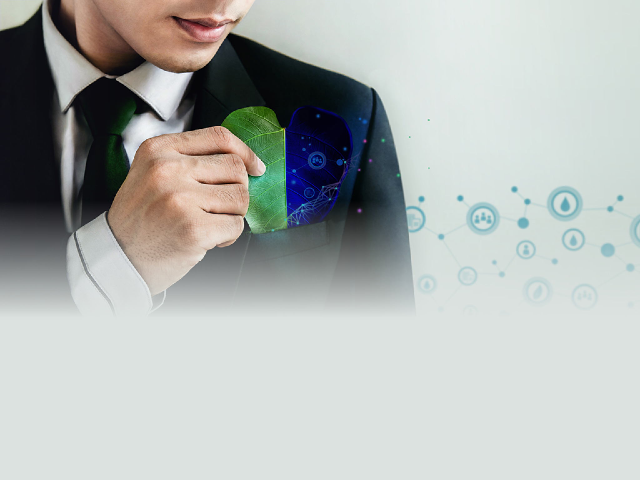 ESG Concept. Nature Meet Technology. Green Energy, Renewable and Sustainable Resources. Ecology Care,Environmental, Social and Corporate Governance. Businessman insert a Leaf in Pocket