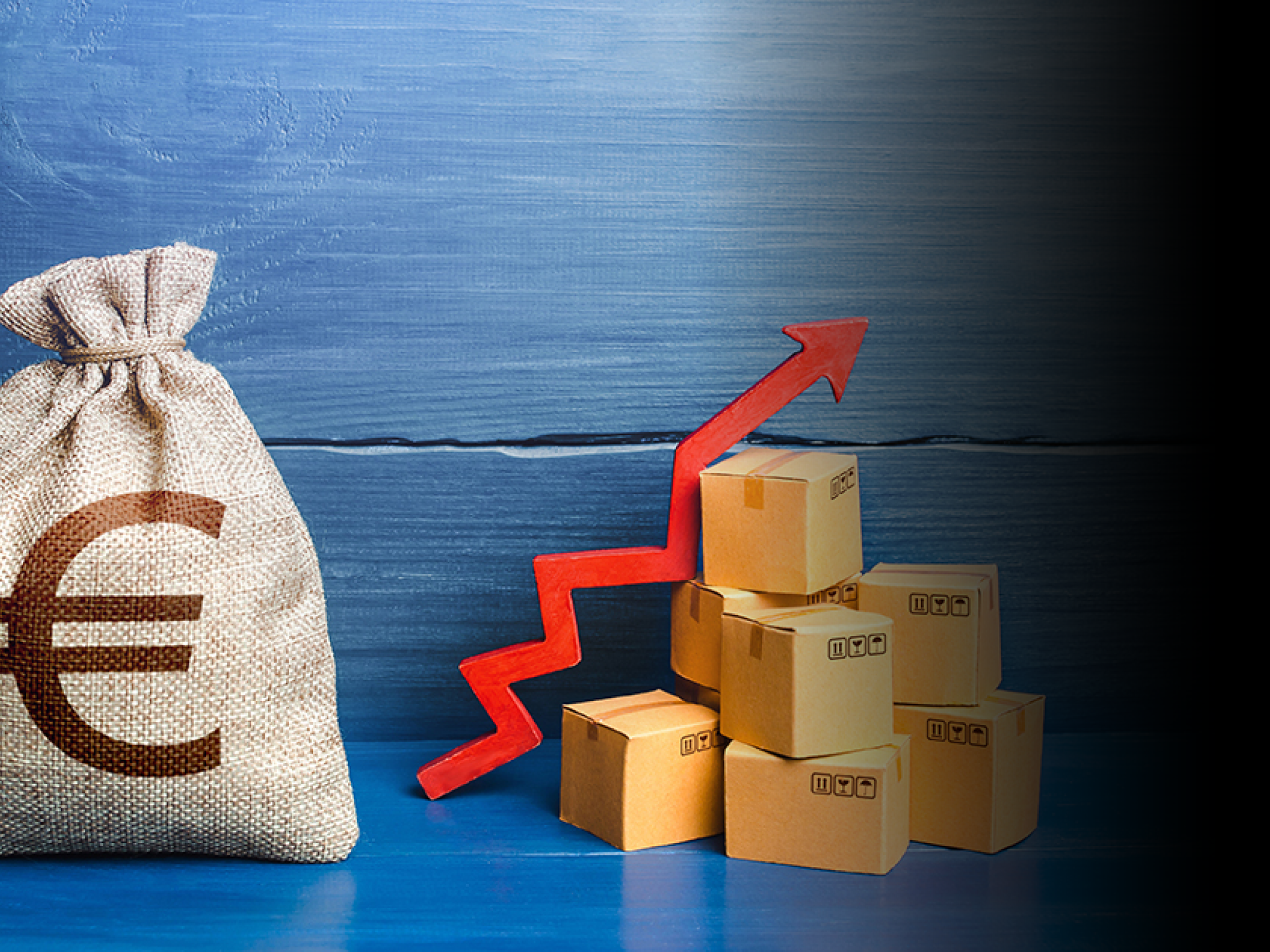 Euro money bag with boxes and up arrow. Good consumer sentiment and demand for goods. High sales. Production rise. Growing transportation prices. Income increase, acceleration and growing of economy.