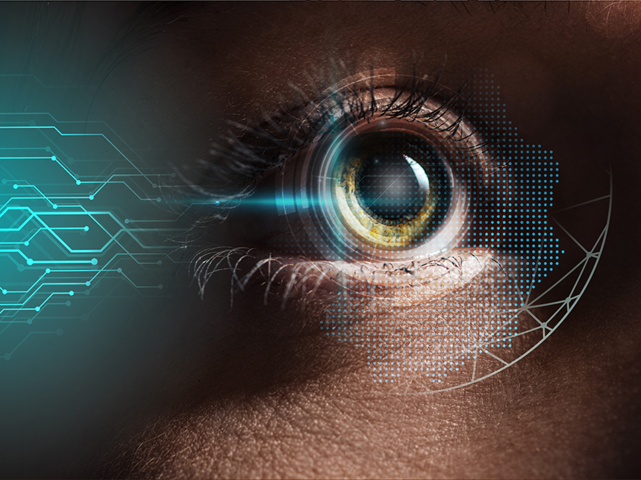 close up view of human eye with data illustration, robotic concept