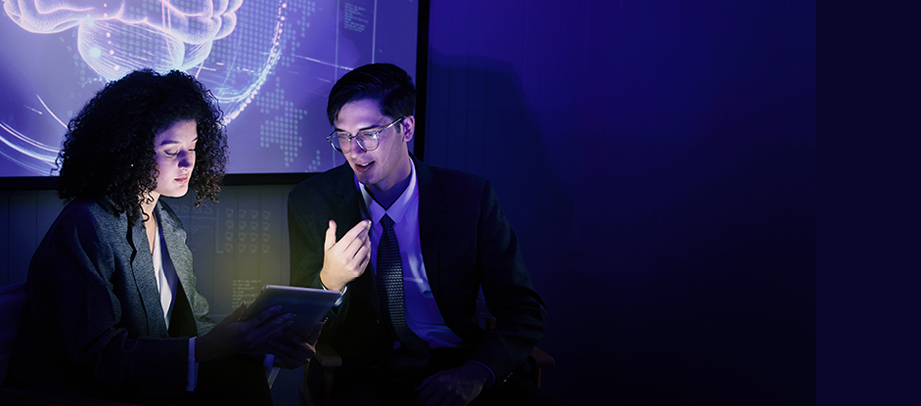 Business team discussing and using technology artificial intelligence with digital Ai assistant. Futuristic innovation AI technology collaboration and ideas for future. Business Tech Startup meeting.