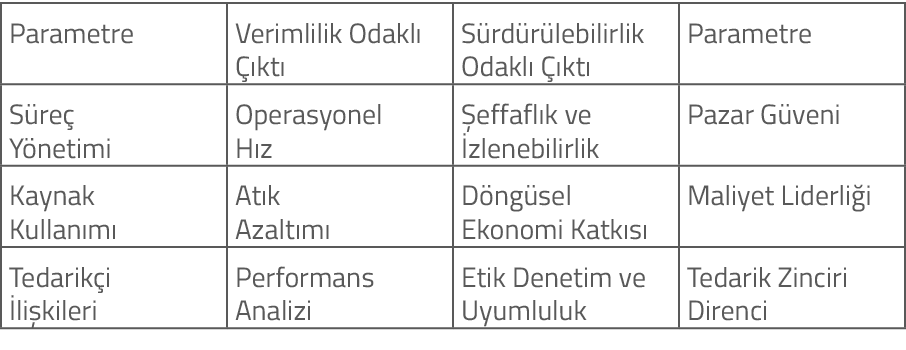 Parametre,Verimlilik Odakl   kt ,S rd r lebilirlik Odakl    kt ,Parametre,S re  Y netimi,Operasyonel H z, effafl k v...